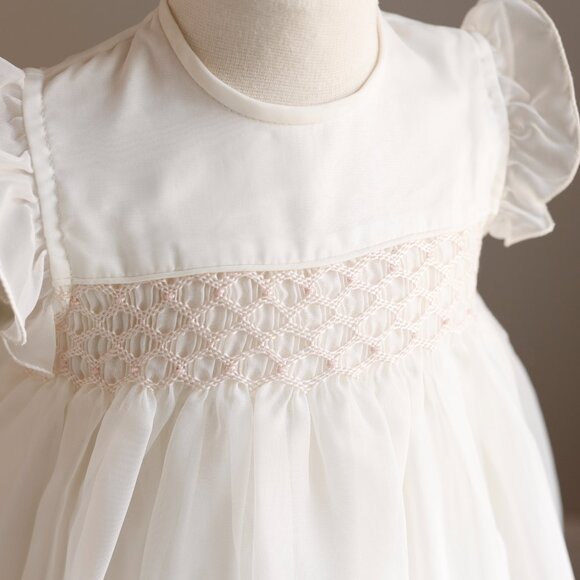 Ivory Smocked Dress & Bonnet Set Organza Special Occasion Portrait Boutique NWT - Picture 6 of 7
